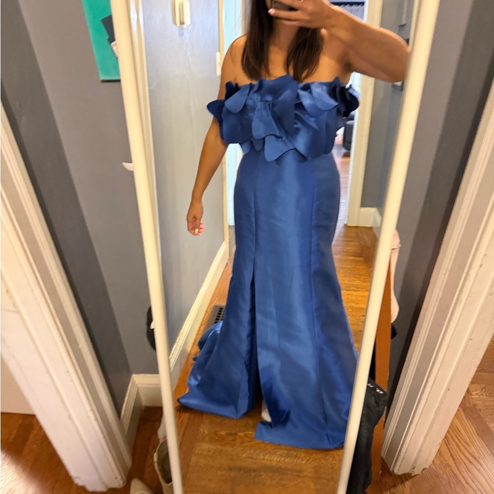 Rene Ruiz Strapless Satin Dress with Bow in Blue - Picture 7 of 7
